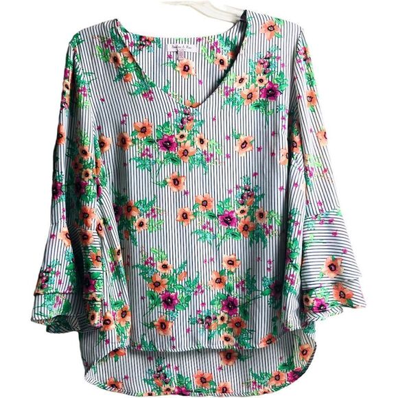 Harlow & Rose Blouse Ruffle Artsy Floral Striped Blouse - Picture 1 of 7
